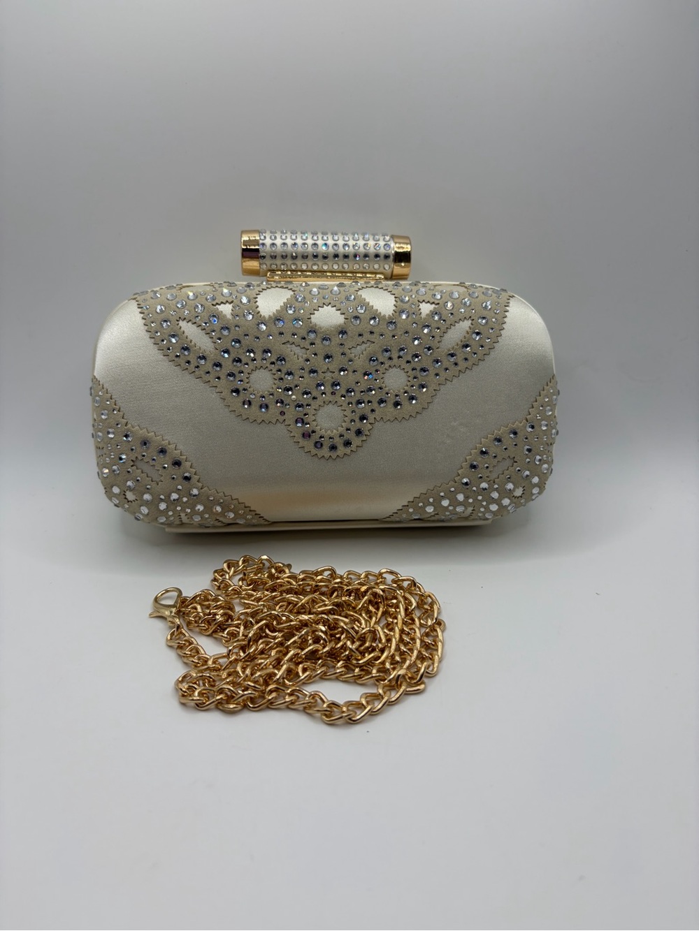 Badgley Mischka Ivory Satin Crystal-Embellished Clutch with Gold Chain